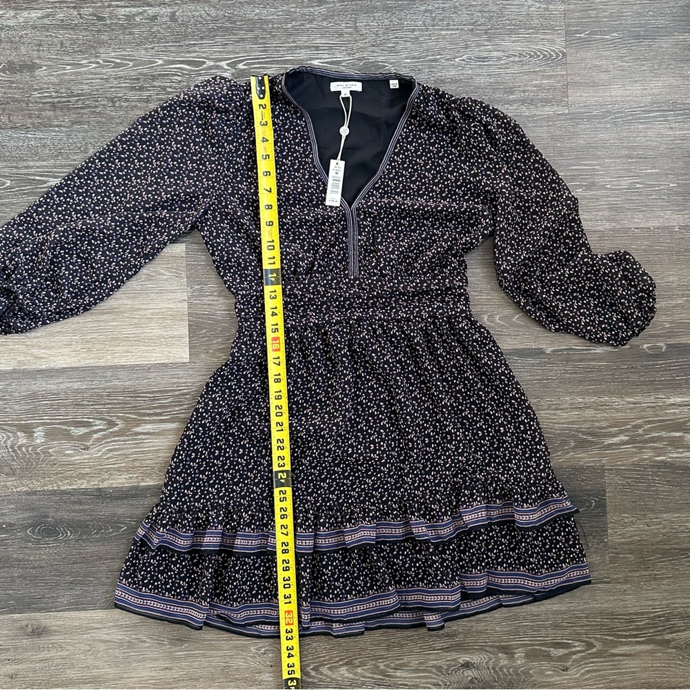 Max Studio London Black Floral Tiered Ruffle Mini Dress V-Neck Long Sleeve M - Picture 7 of 8